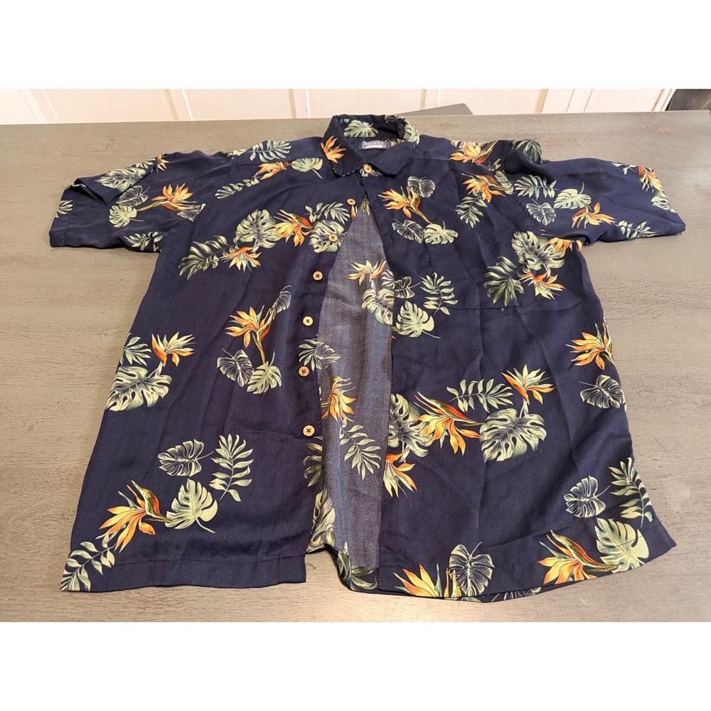 Premier International Mens Large Hawaiian Shirt Bird of Paradise Tropical Navy